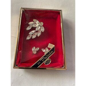 Vintage Pamela Crystal Leaf Brooch & Earrings Set In Gold Box With Red Velvet Li